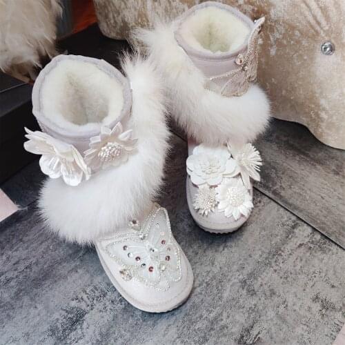 Snow boots new winter fox fur pearl white tube rhinestone three-dimensional flower butterfly thickening to keep warm