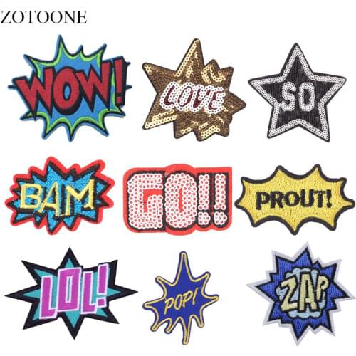 ZOTOONE Wow Letter Patches Sequin Stickers Iron on Clothes Heat Transfer Diy Applique Embroidered Applications Cloth Fabric G