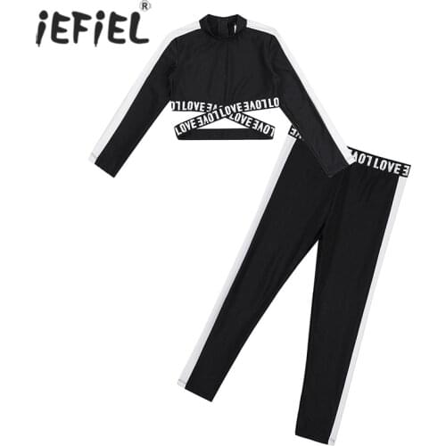 Kids Girls Clothes Sets Stripe Long Sleeve Letter Print Sport Tanks Crop Top with Leggings Workout Dancewear Gymnastics Outfit