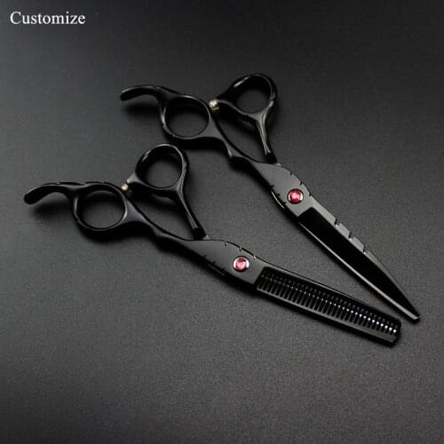 Customize logo japan steel 5.5 & 6 '' pink gem black hair scissors cutting barber makas Thinning shears hairdressing scissors