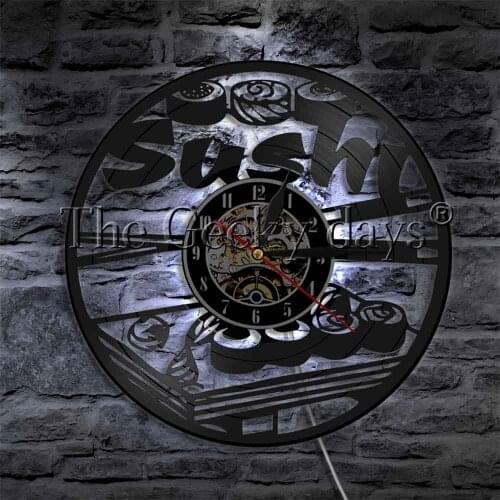 Japanese Sushi Rolls Vinyl Record Led Lighting Delicious Food Wall Lamp Art Decorative Wall Clock Modern Sushi Shop Decor