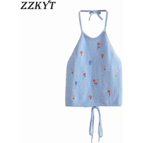 ZZKYT 2021 Women Summer Vintage Embroidery Cropped Knitted Tank Tops Fashion Sleeveless Backless Thin Straps Female Chic Tops