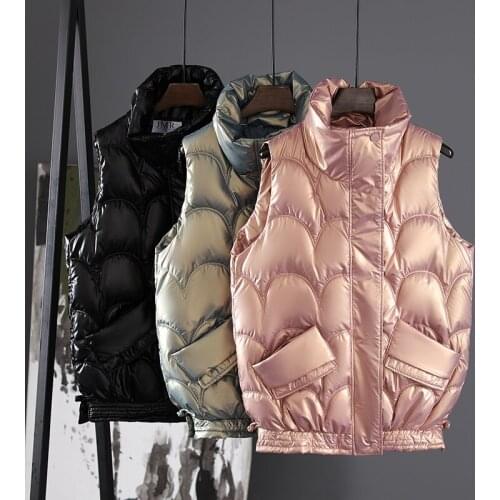 ISENMAL Winter Womens Vest Shiny Solid Hooded Autumn Sleeveless Jacket Cotton Padded Thick Casual Outwear Lady Waistcoat