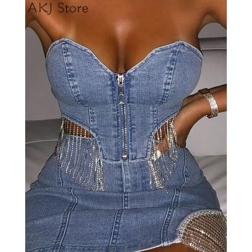 Women 2 Piece Sets Studded Tassel Zipper Bandeau Denim Crop Top & Skirt Set