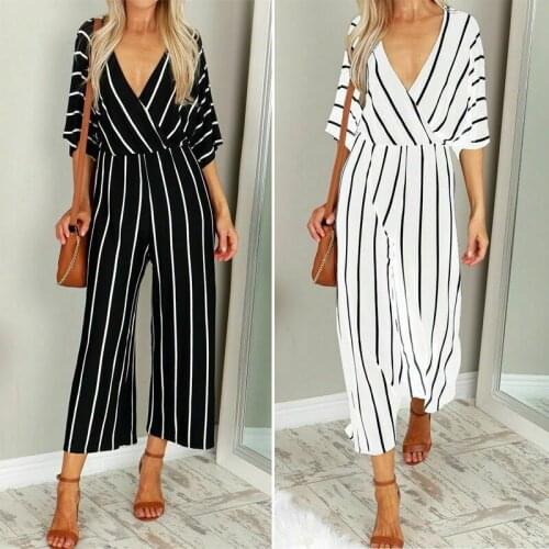 Women Short Sleeve Striped Jumpsuit Loose Baggy Trousers Overalls Wide Leg Pants 2019 Sexy Deep V-neck Romper Summer Jumpsuit