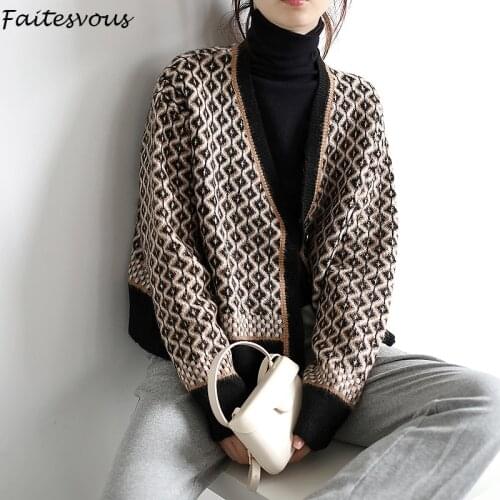 Vintage Knitted Cardigan Jacket Women Autumn Winter V-neck Diamond Loose Coats Sweater Coloblock Female 2021 New