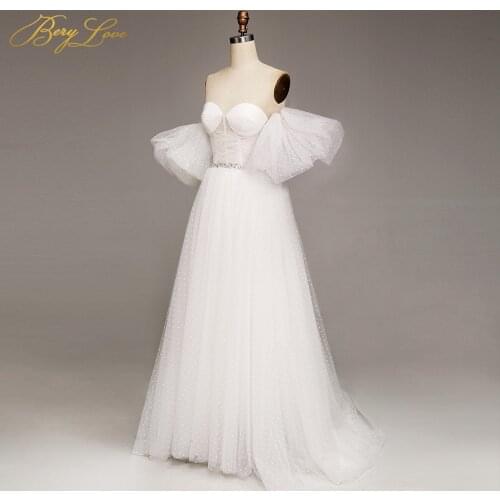 BeryLove White Wedding Dress 2019 vestido de noiva Dot Tulle Lantern Sleeves A-line Long Bridal Dress Bride Marriage Illusion