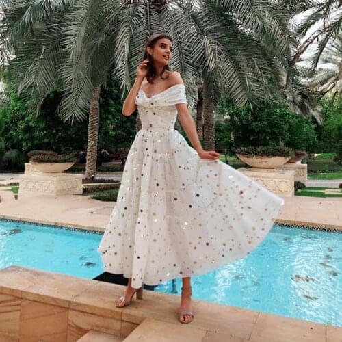 SKMY Evening Dresses 2021 Women Clothing New Style Off The Shoulder Sleeveless V-Neck Slim Polka Dot Midi Dress White