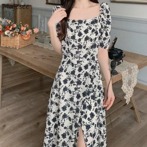 Summer Fashion Dress Women Elegant Side-slit French Style Vintage Square Collar Holiday Loose All-match Floral Vestido Feminino