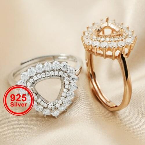 6-13MM triangle silver rose gold Gemstone CZ stone luxury prong bezel solid 925 sterling silver adjustable ring settings 1294150