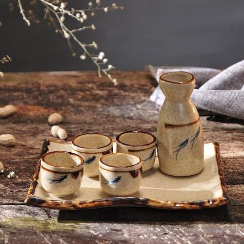 Japanese style sake white wine pot cup bottle tray set handmade ceramic creative underglaze color wineware
