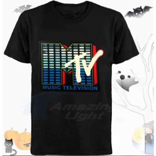 Disco party 100% cotton light up "MTV" logo 2*AAA batteries sound activated flashing el panel t-shirt