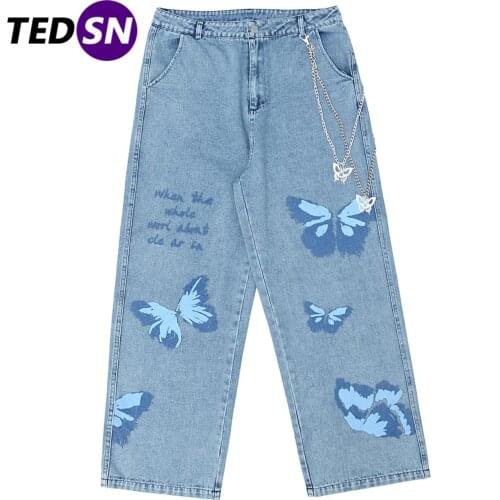 Hip Hop Butterfly Chain Print Jeans Straight Wide Leg Pants 2021 Harajuku Oversize Streetwear Loose Joggers Men Baggy Trousers