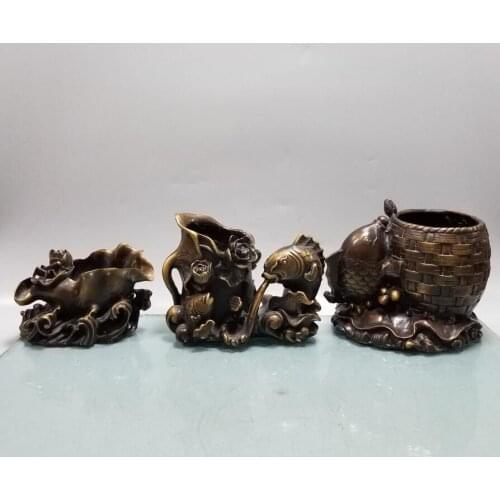 China brass Lotus leaf fish Pen holder crafts statue
