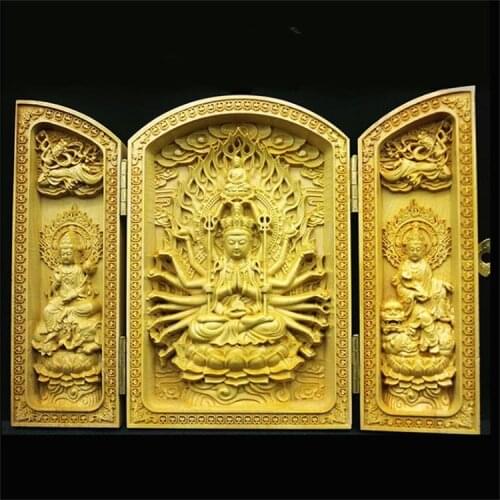 Chinese Buddha statue sculpture pure wood carving 3 open folding Buddha statue home decoration accessories Wood Buddha Craft