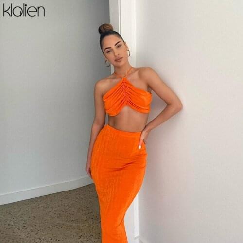 KLALIEN Summer Sexy Bandage Camisole and Mid-Calf Skirt Two Piece Set Women 2021 New Fashion Solid Slim Party Club Skirt Set