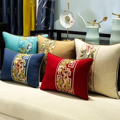Patchwork Fine Embroidery Flower Cotton Linen Cover Cushion Pillow Case Chinese Sofa Chair Cushion Cover Lumbar Pillow Covers