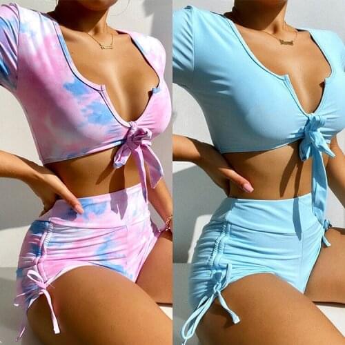 2021 New Short-Sleeved Bikini Sexy Lady Split Swimsuit High Waist Swimsuit Blue Pink Swimwear SW552