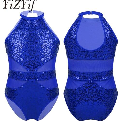 Kids Girls Ballet Leotards Dancewear Sleeveless Halter Sparkly Sequins Mesh Splice Cutouts Back Ballet Dance Gymnastics Leotards
