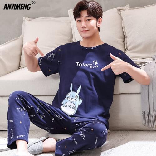 Sleep Wear Young Mens Designer Pajamas Fashion Pijamas Para Hombre Summer Short Sleeved Long Pants Cotton Nightwear Pajamas Set