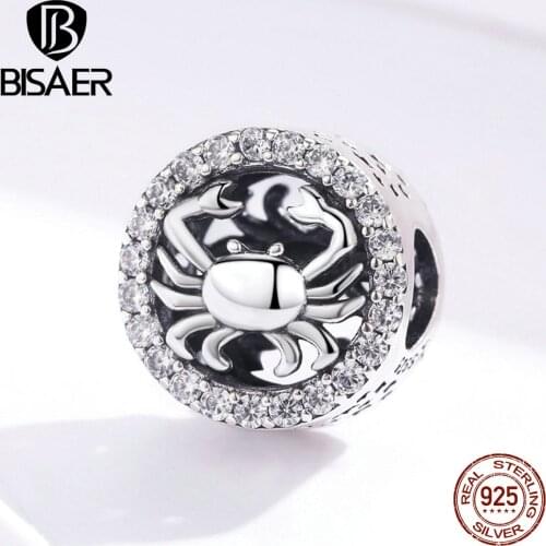 BISAER Twelve Constellations Beads 925 Sterling Silver Cancer Sign Zodiac Charms fit Bracelets Silver 925 Jewelry Gift ECC1213