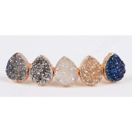 BOROSA 5pcs Gold Color Teardrop Natural Crystal Druzy Titanium Mix Color Druzy Studs Earrings G0912