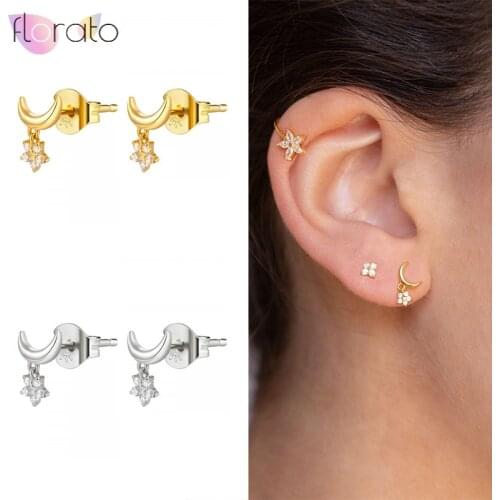 100% 925 Sterling Silver Ear Needle Single stud Earrings For Women Crescent Moon-shaped Stud Earrings with Star Pendant Earrings