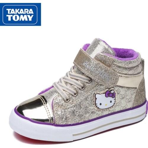TAKARA TOMY winter new 2021 cute cartoon Hello Kitty high-top shoes simple and comfortable plus velvet childrens warm shoes