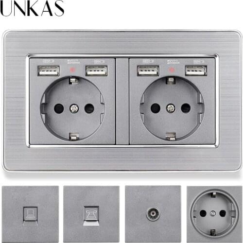 UNKAS Gray EU French Socket Dual USB Port + TV RJ11 Telephone RJ45 Internet Computer Jack 146mm * 86mm Stainless Steel Panel