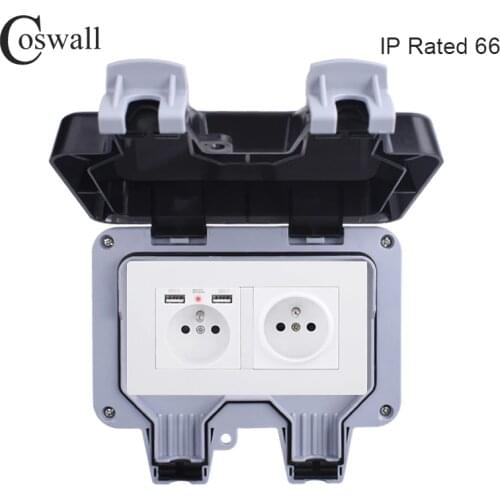 Coswall IP66 Weatherproof Waterproof Outdoor Wall Socket Double French Polish Standard Outlet With Dual USB Charging Port 2.1A