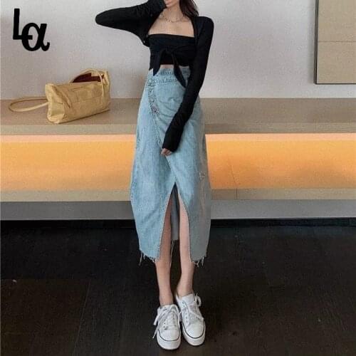Luck A Women Korean Style Long Denim Skirt Women Streetwear Irregular Split Skirt Harajuku Cool Casual A-Line Y2k Skirt