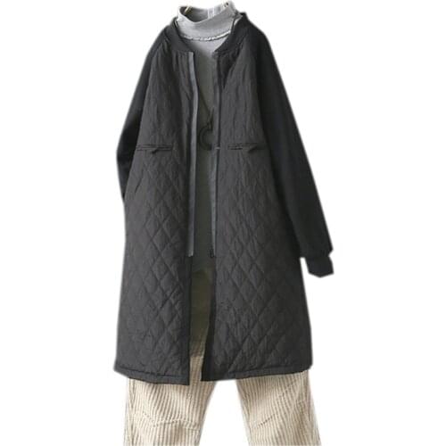 Vintage Plus Size Black Outerwear 2021 New Autumn Winter Womens Parka Coat Warm Jacket Female Overcoat Thin Cotton Quilted Coat