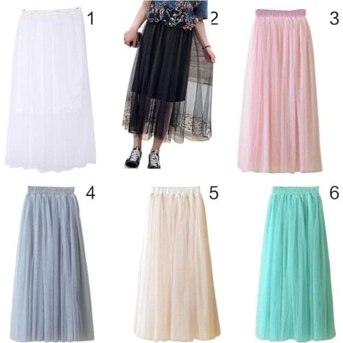 80CM Womens High Waist Three Layer Sheer Mesh Pleated Tulle Midi Long Tutu Skirt Sweet Solid Candy Color Drape Swing Loose Dress