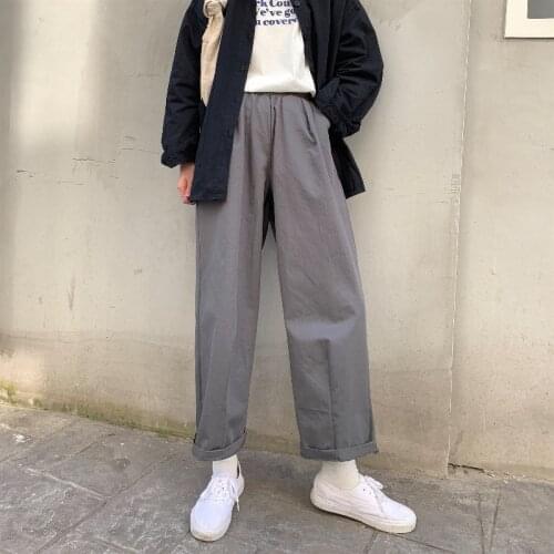 Women Autumn Gray Long Wide Leg Pants 2021 New Elastic High Waist Loose Straight Casual Midi Trousers Japan Style