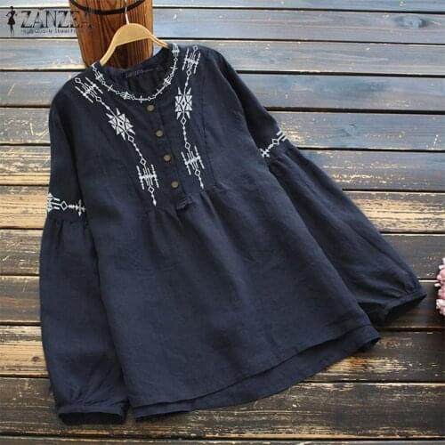 Womens Casual Blouses ZANZEA 2021 Kaftan Embroidery Tops Button Blusas Female Long Sleeve Geometric Tunic Oversized Chemise