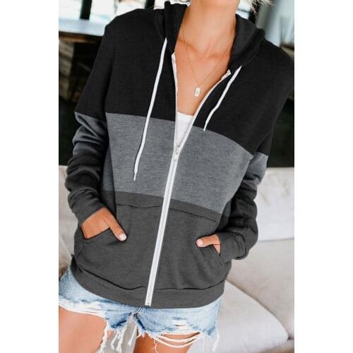 2020 autumn and winter long sleeve contrast hooded sweater womens zipper pocket cardigan coat