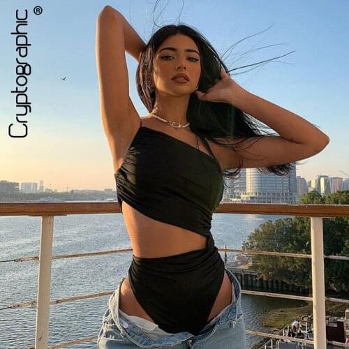 Womens Fashion Sexy Halter Tailoring Bodysuit Ladies Summer Sleeveless Asymmetrical Top High Waist Solid Color Suit 2021