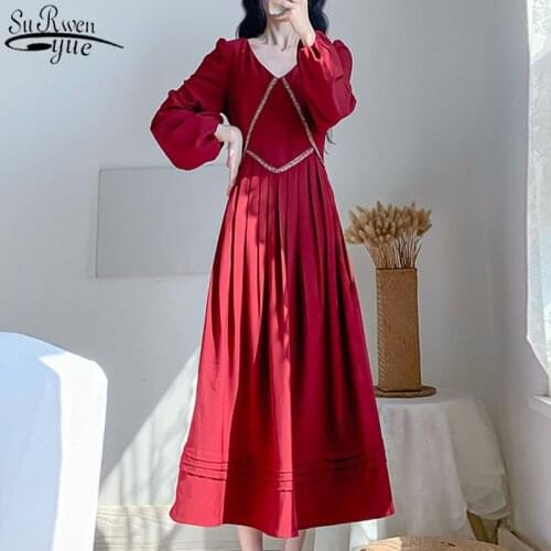 2021 Spring Korean Vintage Temperament Red Long Dress Women Puff Long Sleeve Pleated Mid-length Dress High Waist 12911