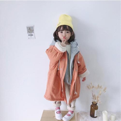 Girls' winter coat 2021 Korean style childrens holiday two piece Plush Jacket warm hooded long zipper top winter Coat CT095