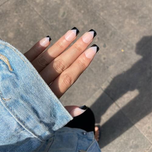 24pcs fake short nails with glue Black French False nails Detachable gauze Manicure patch full cover acrylic nail products