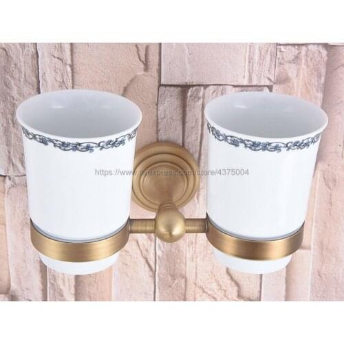 Bathroom Accessory Wall Mounted Antique Brass Toothbrush Holder with Two Ceramic Cups Nba738