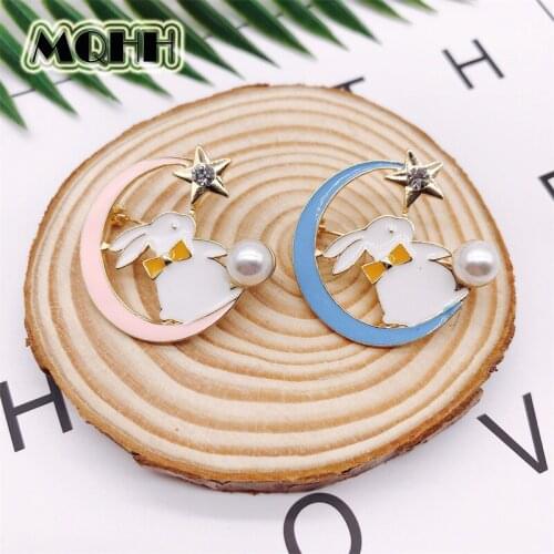 Cartoon Animal Pink Blue Rabbits Brooch Fashion Bunny Badge Enamel Alloy Star Moon Shirt Pins Womens Jewelry kids Gifts