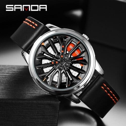 SANDA Military Quartz Waterproof Watch Car wheel dial Top Brand Luxury Watch Men Sport Watch Leather Strap Watch for Men Relogio