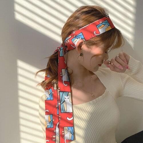 Hair Bow Knot Headdress Women Hair Tie Scarf Long Ribbon Headband Fashion Printing Head Scarf Girl Ponytail Bow Hair Rope