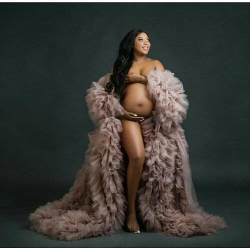 Illusion Tiered Ruffles Shawl Dress Women Night Robes Puffy Kimono Pregnant Bridal Party Sleepwear Bathrobe Robe for Photo Shoot