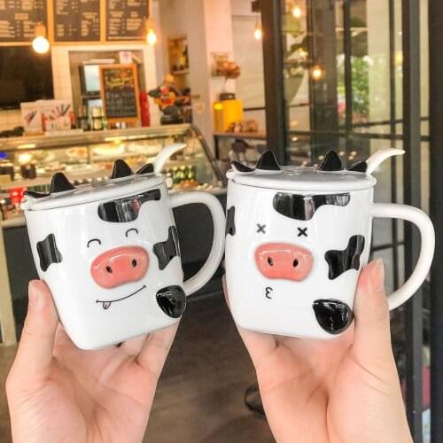 Japanese Coffee Cup Cartoon Cow Ceramic Cup Lovely Business Office Spoon Mug Student Breakfast Milk Mug Tumbler Cup Drinking Mug