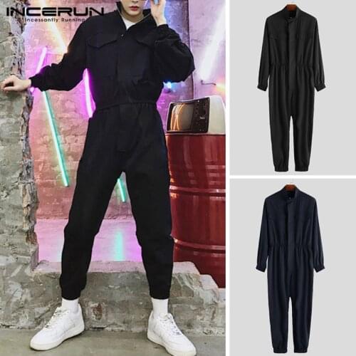INCERUN Long Sleeve Hip Hop Collar Japanese Retro Mens Suit Jumpsuit Overalls 2021 Solid Color Thin Section Nine-Piece Jumpsuit