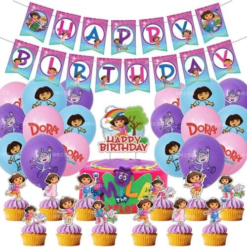 Dora The Explorer Latex Balloons Cake Toppers Education Dora Ballons Flag Banner Happy Birthday Party Girls Gift Decoration Toys