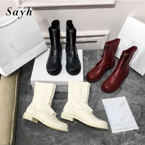 Fashion Luxury Brand Women Black Genuine Leather Round Toe Ankle Boots Zipper Chunky Heels Retro Punk Pleated Martin Shoes