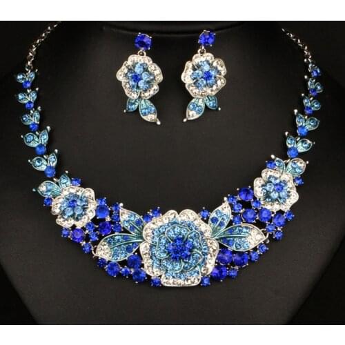 Zlxgirl fashion Blue flower shape wedding necklace earring jewelry sets fine womens bridal jewelry sets pendant stud earring